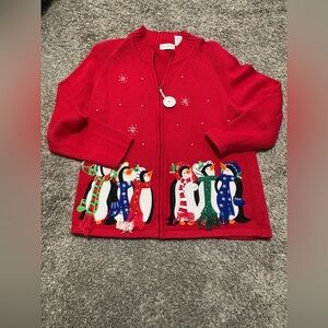 Y2K Christmas Sweater Women’s Large Holiday White Stag Penguin Snowflake patches